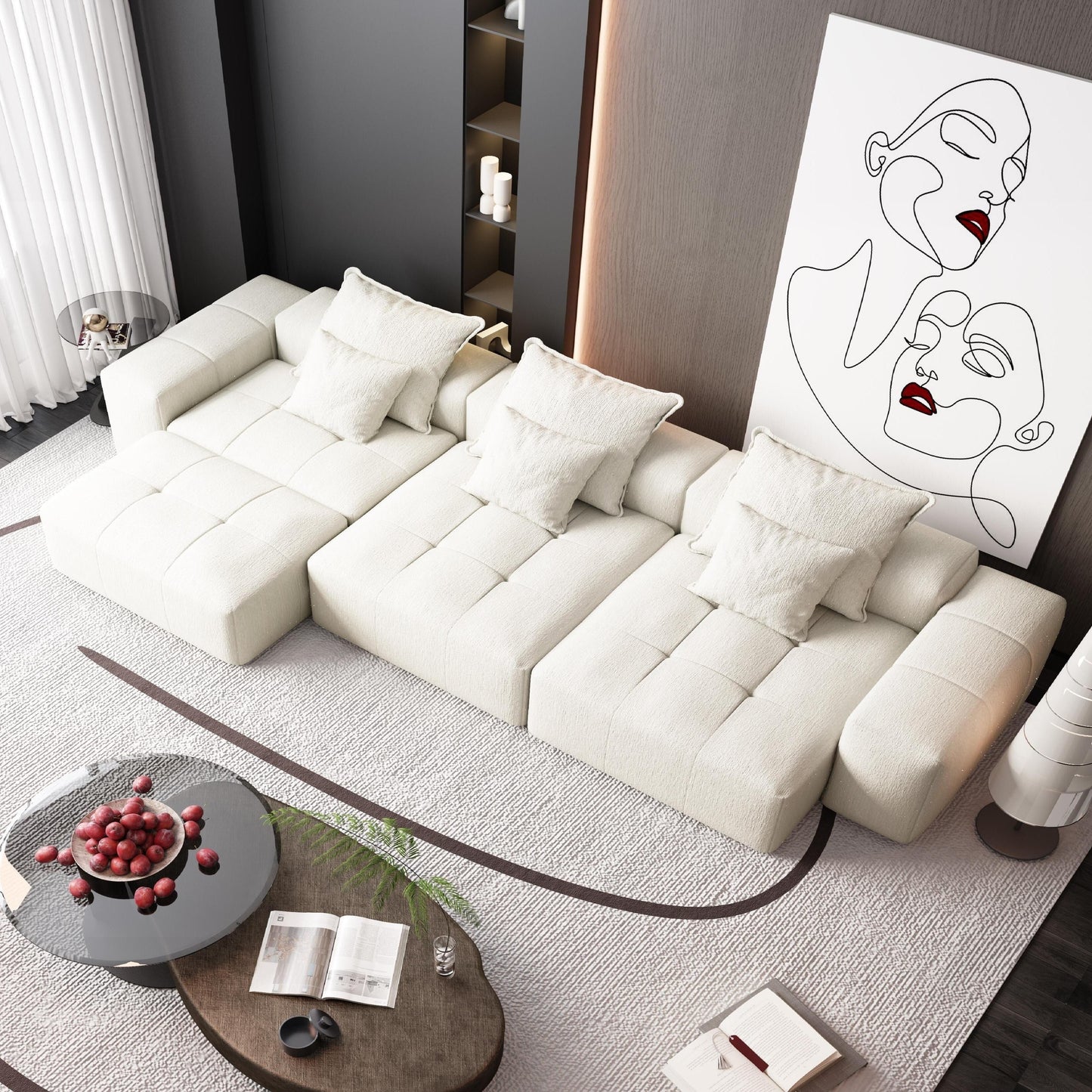 Canapé modulaire moderne surdimensionné en chenille, capitonné, avec 6 oreillers et pouf pour le salon