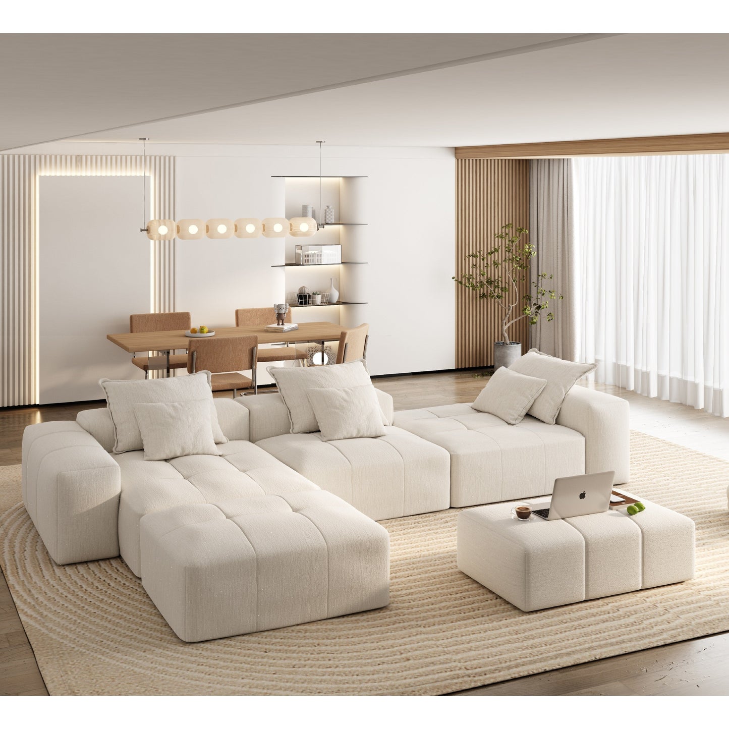 Canapé modulaire moderne surdimensionné en chenille, capitonné, avec 6 oreillers et pouf pour le salon