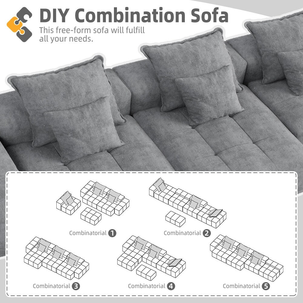 Canapé modulaire moderne surdimensionné en chenille, capitonné, avec 6 oreillers et pouf pour le salon