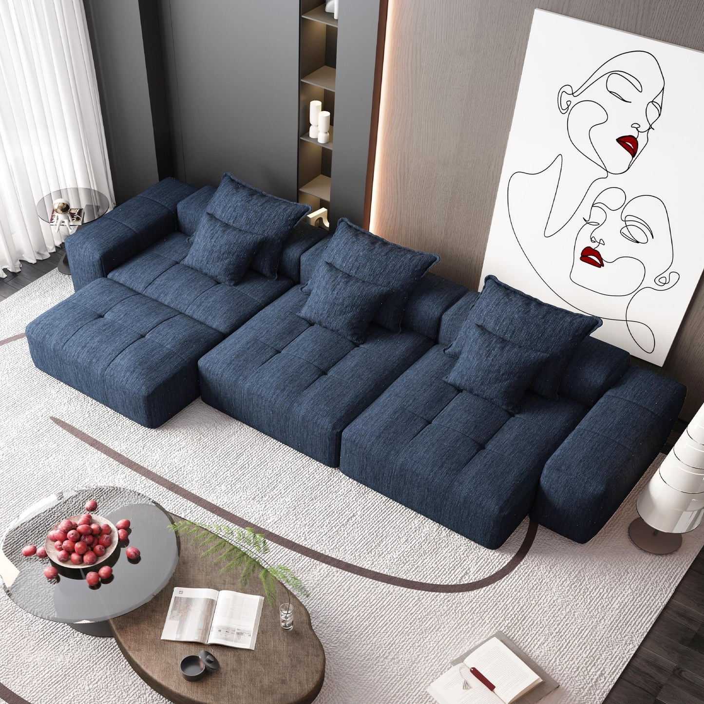 Canapé modulaire moderne surdimensionné en chenille, capitonné, avec 6 oreillers et pouf pour le salon