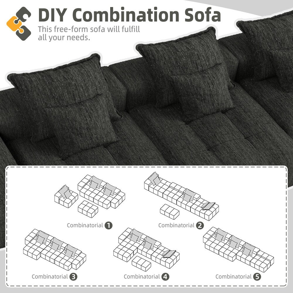 Canapé modulaire moderne surdimensionné en chenille, capitonné, avec 6 oreillers et pouf pour le salon
