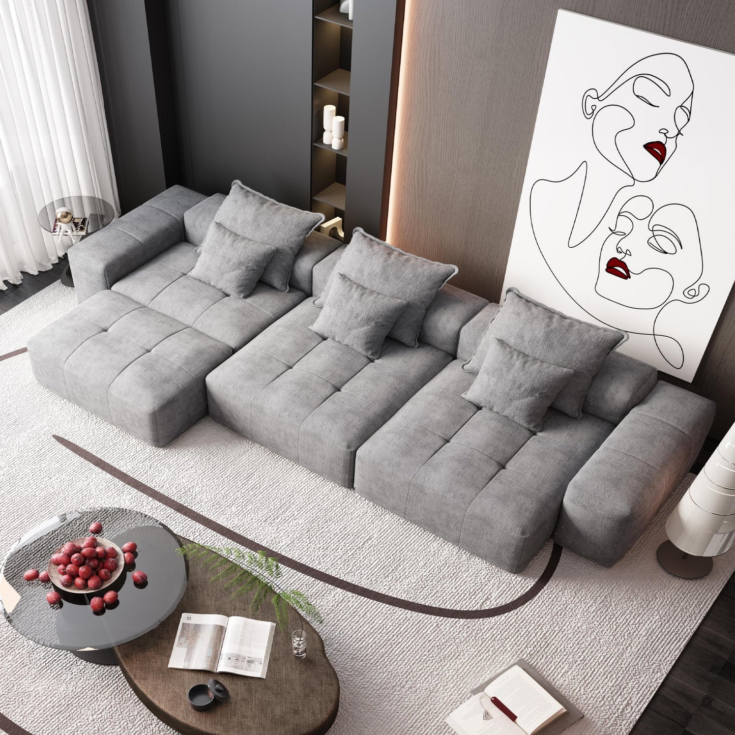 Canapé modulaire moderne surdimensionné en chenille, capitonné, avec 6 oreillers et pouf pour le salon