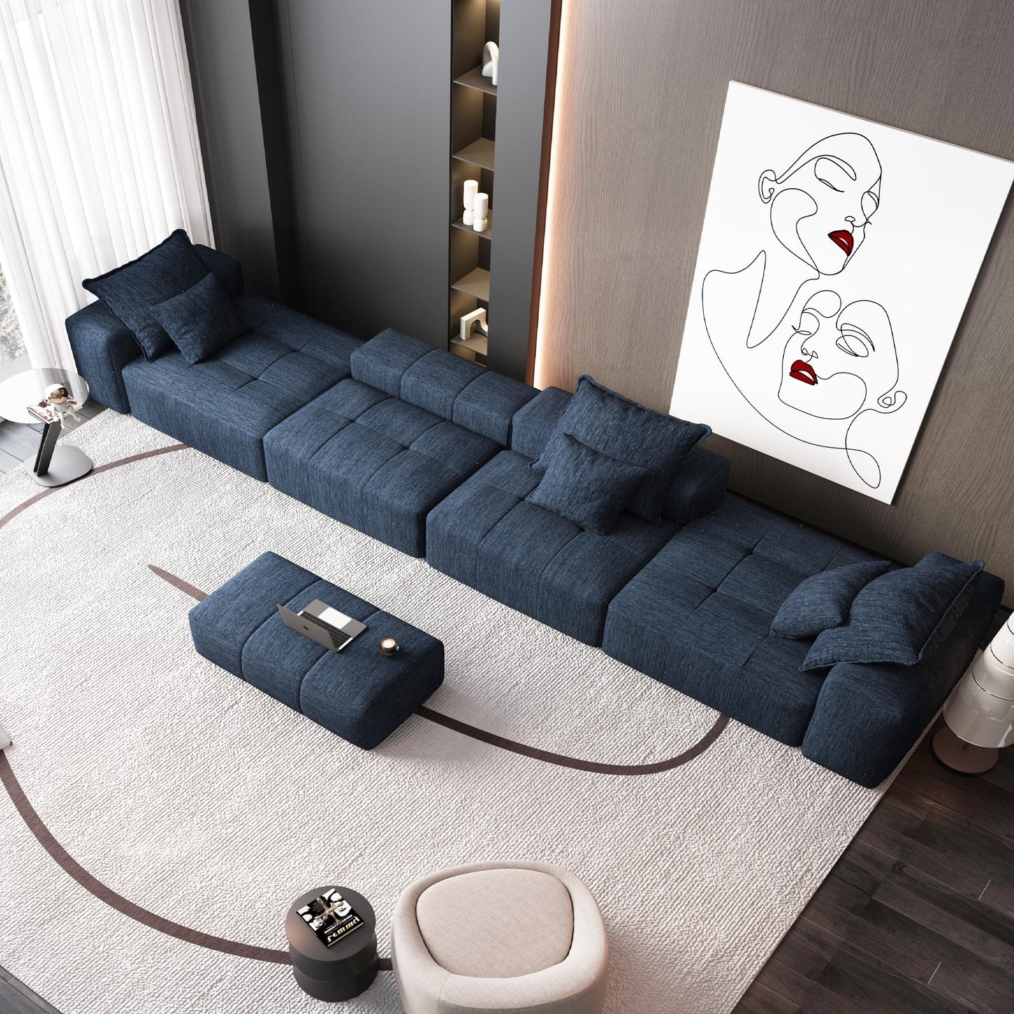 Canapé modulaire moderne surdimensionné en chenille, capitonné, avec 6 oreillers et pouf pour le salon