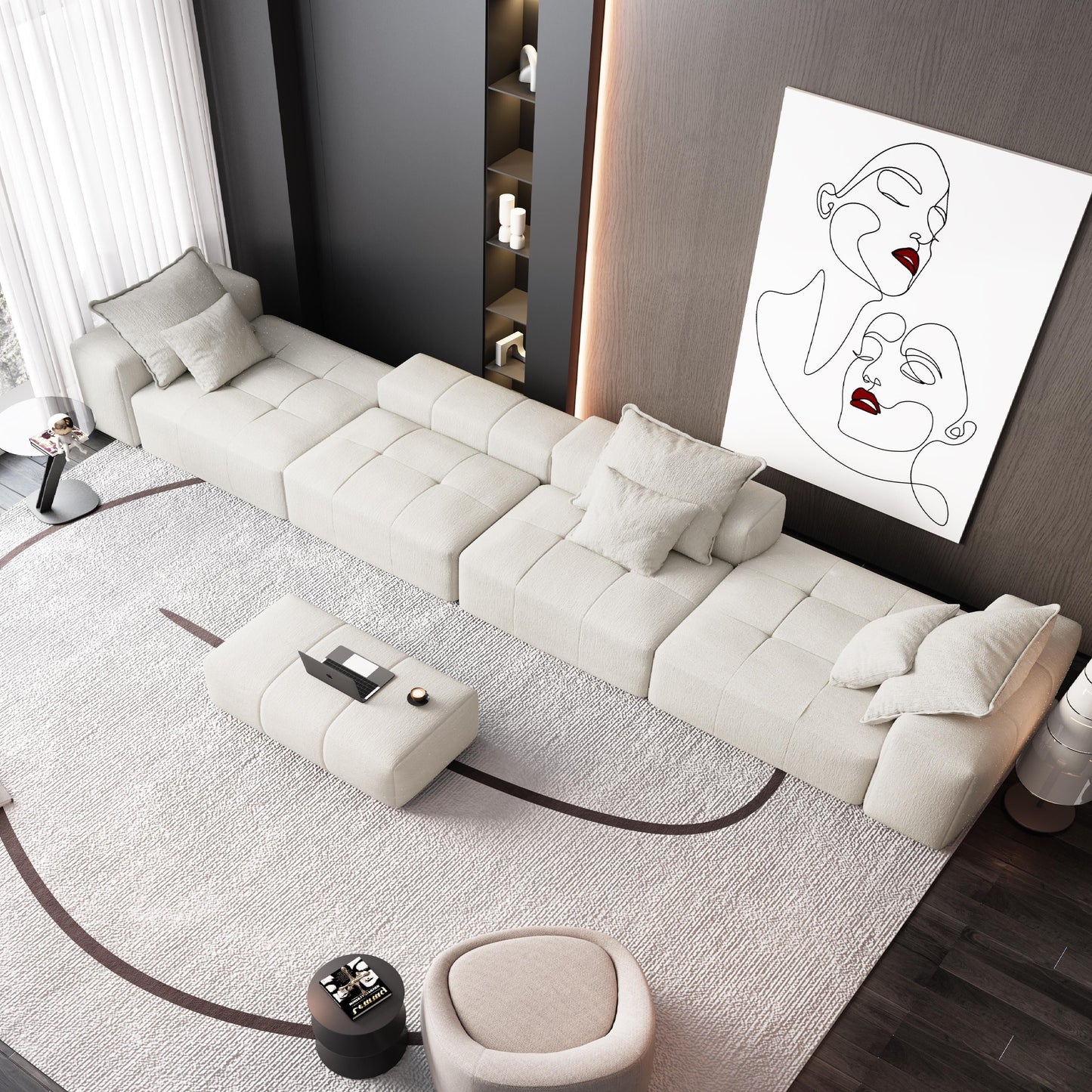 Canapé modulaire moderne surdimensionné en chenille, capitonné, avec 6 oreillers et pouf pour le salon