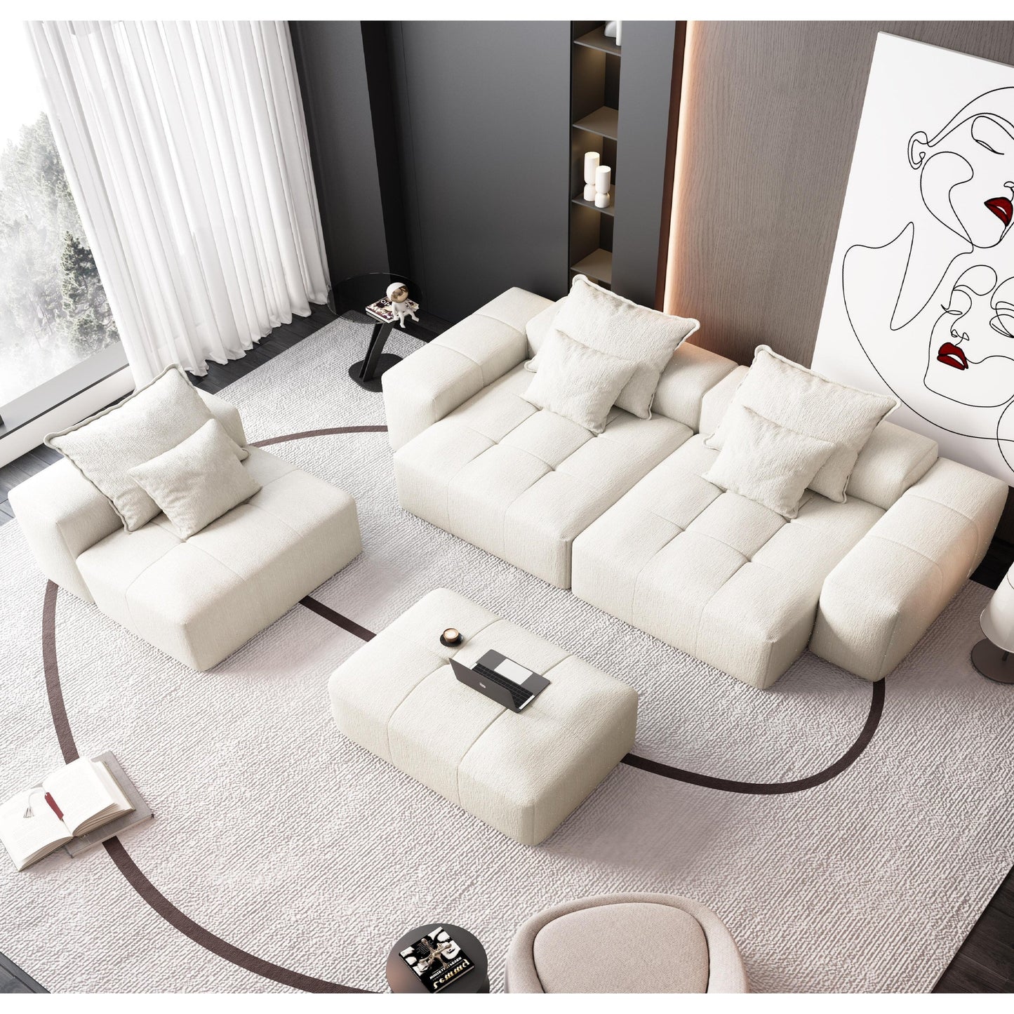 Canapé modulaire moderne surdimensionné en chenille, capitonné, avec 6 oreillers et pouf pour le salon