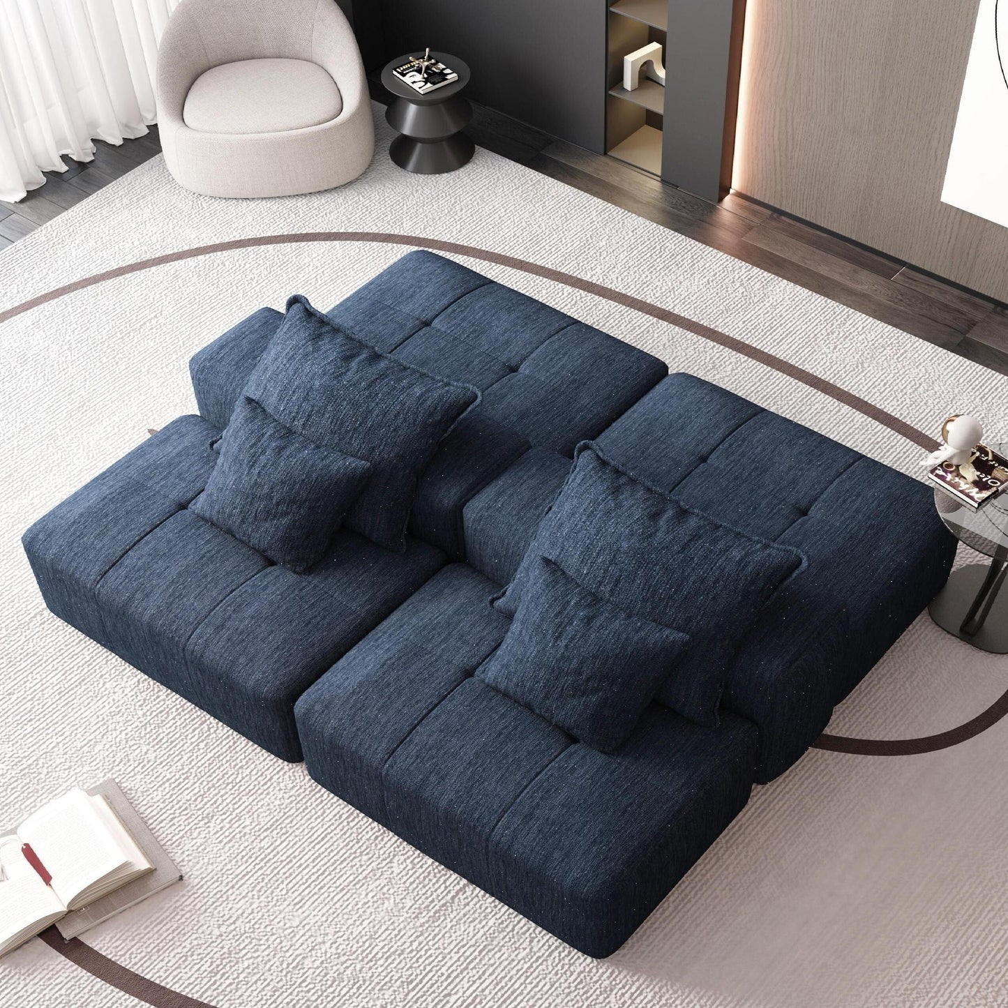 Canapé modulaire moderne surdimensionné en chenille avec 2 poufs, 2 places et 4 coussins pour le salon
