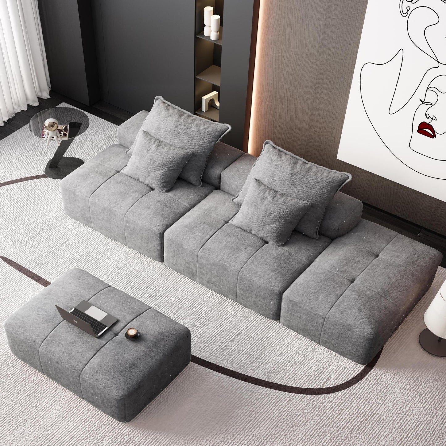 Canapé modulaire moderne surdimensionné en chenille avec 2 poufs, 2 places et 4 coussins pour le salon
