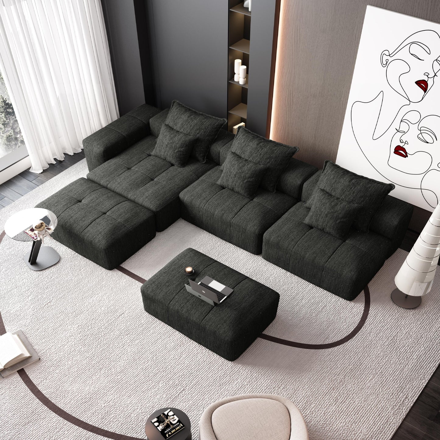Canapé modulaire moderne surdimensionné en chenille avec coussins et 6 oreillers pour le salon
