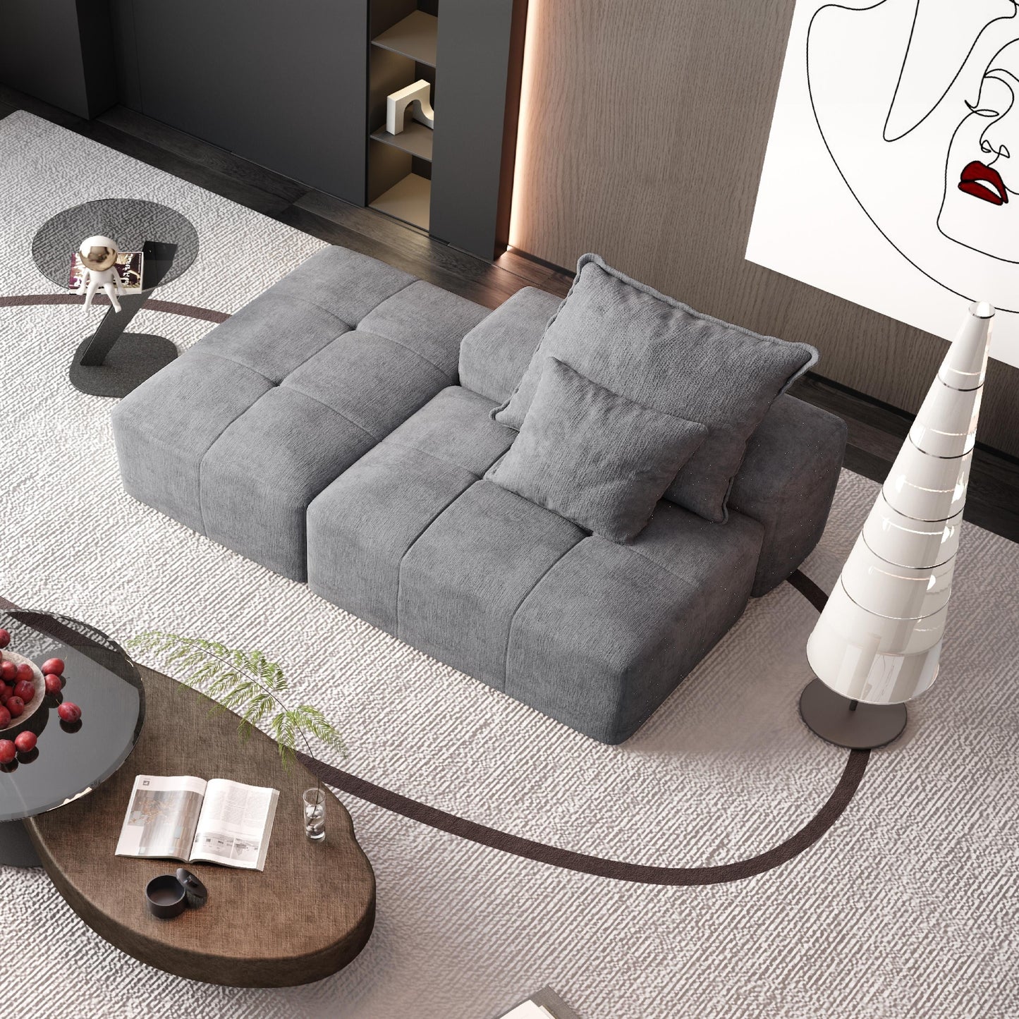 Canapé modulaire moderne surdimensionné en chenille capitonné avec 2 oreillers et pouf pour le salon