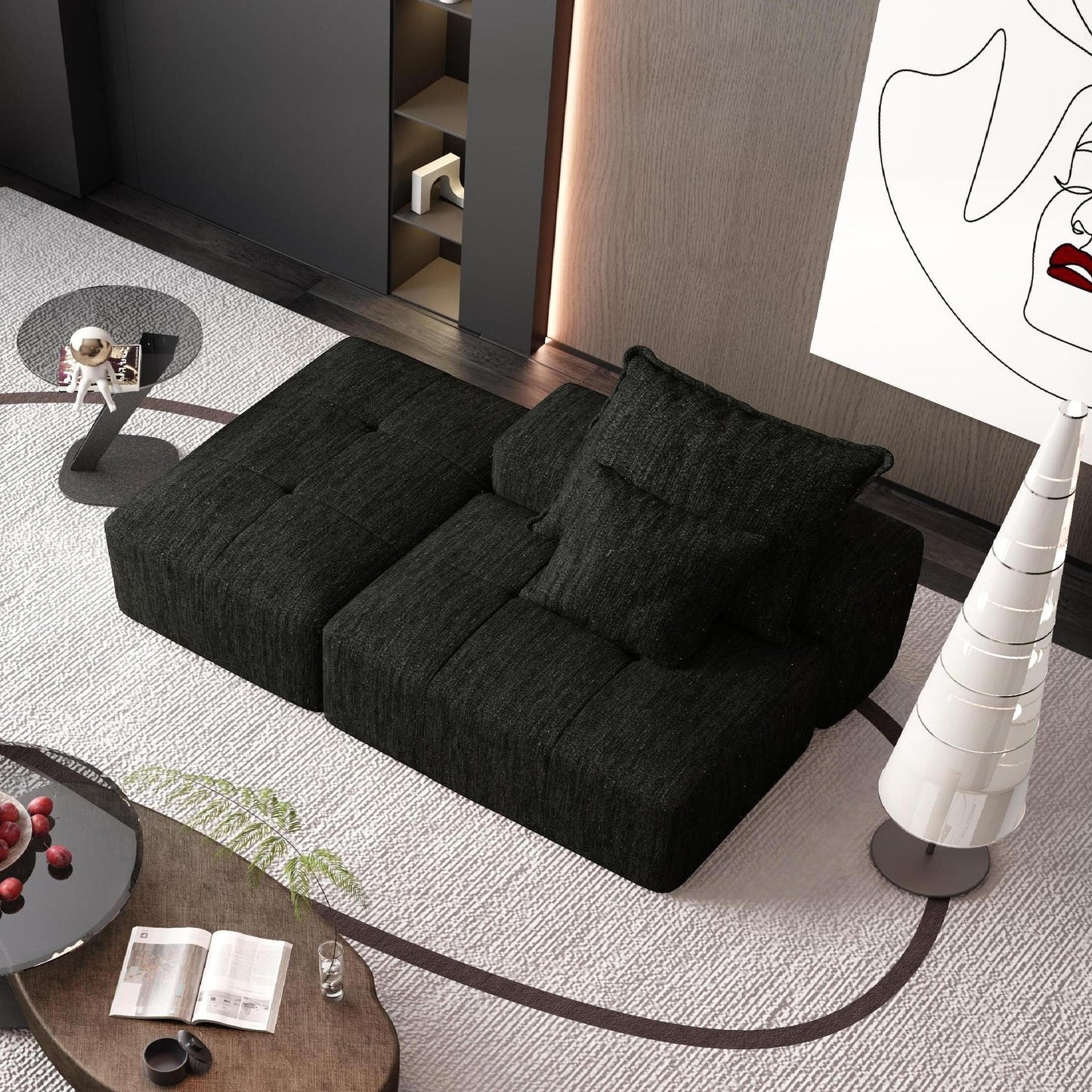 Canapé modulaire moderne surdimensionné en chenille capitonné avec 2 oreillers et pouf pour le salon