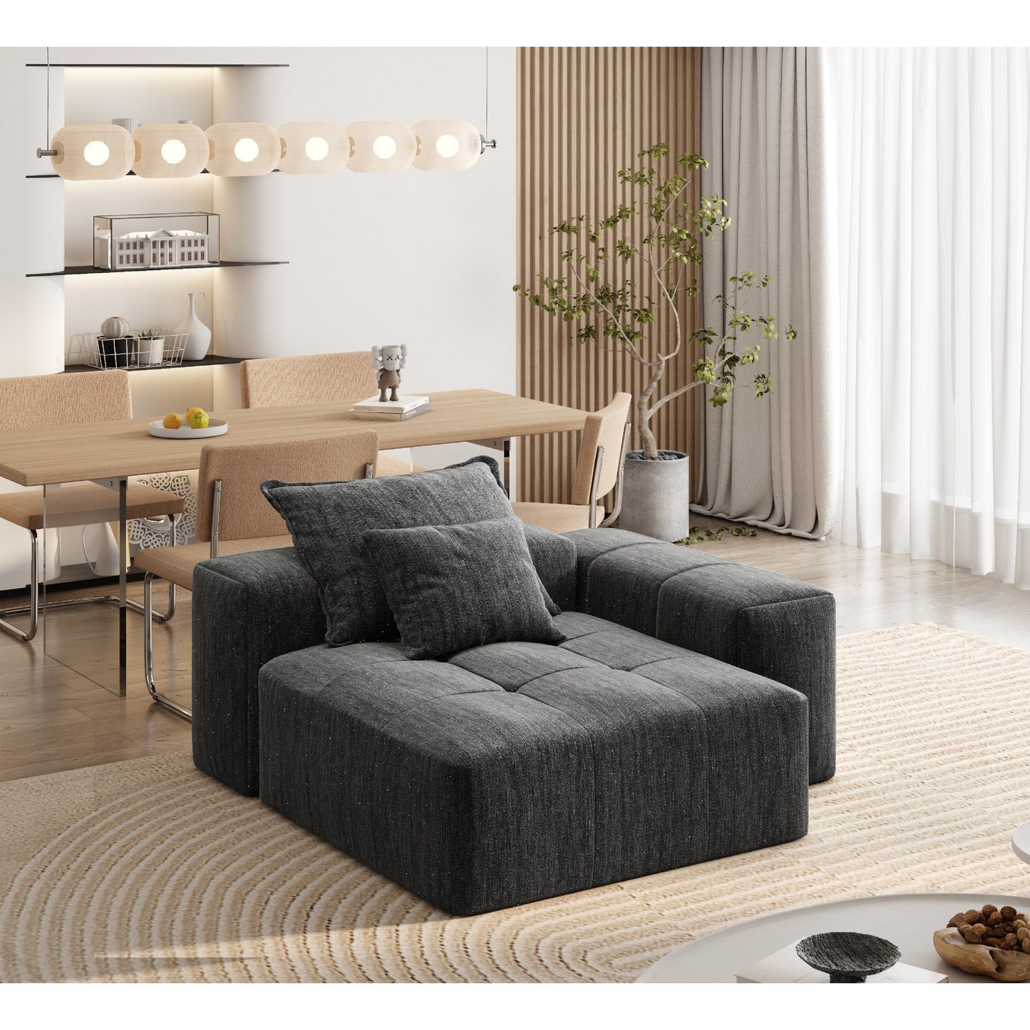 Canapé modulaire moderne surdimensionné en chenille capitonné avec 2 coussins pour salon ou bureau