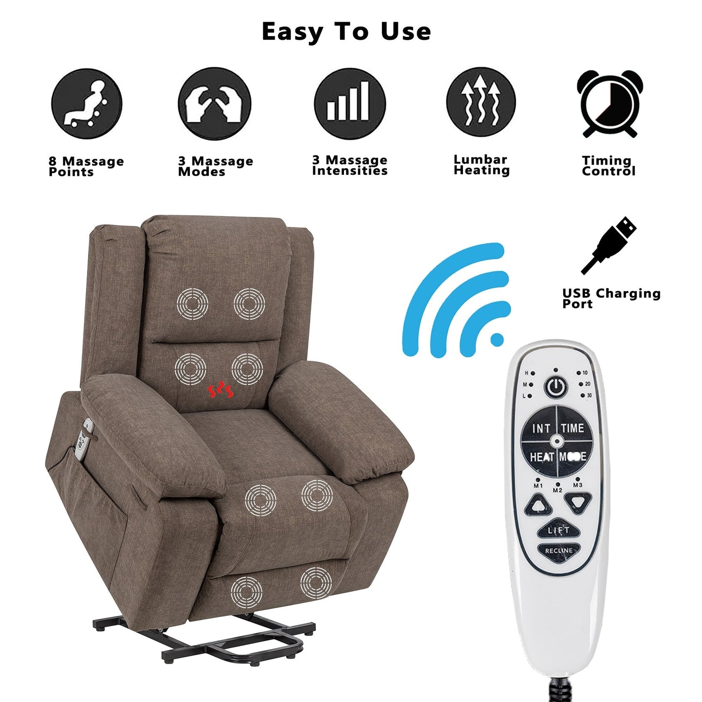 Fauteuil inclinable électrique moderne, canapé chauffant et massant réglable avec rangement latéral, repose-pieds et télécommande