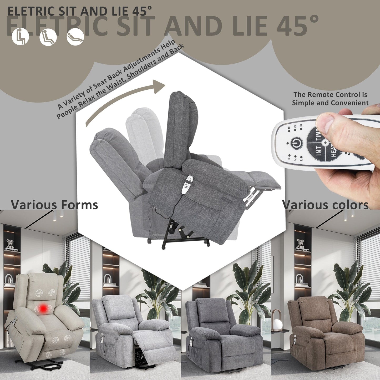 Fauteuil inclinable électrique moderne, canapé chauffant et massant réglable avec rangement latéral, repose-pieds et télécommande