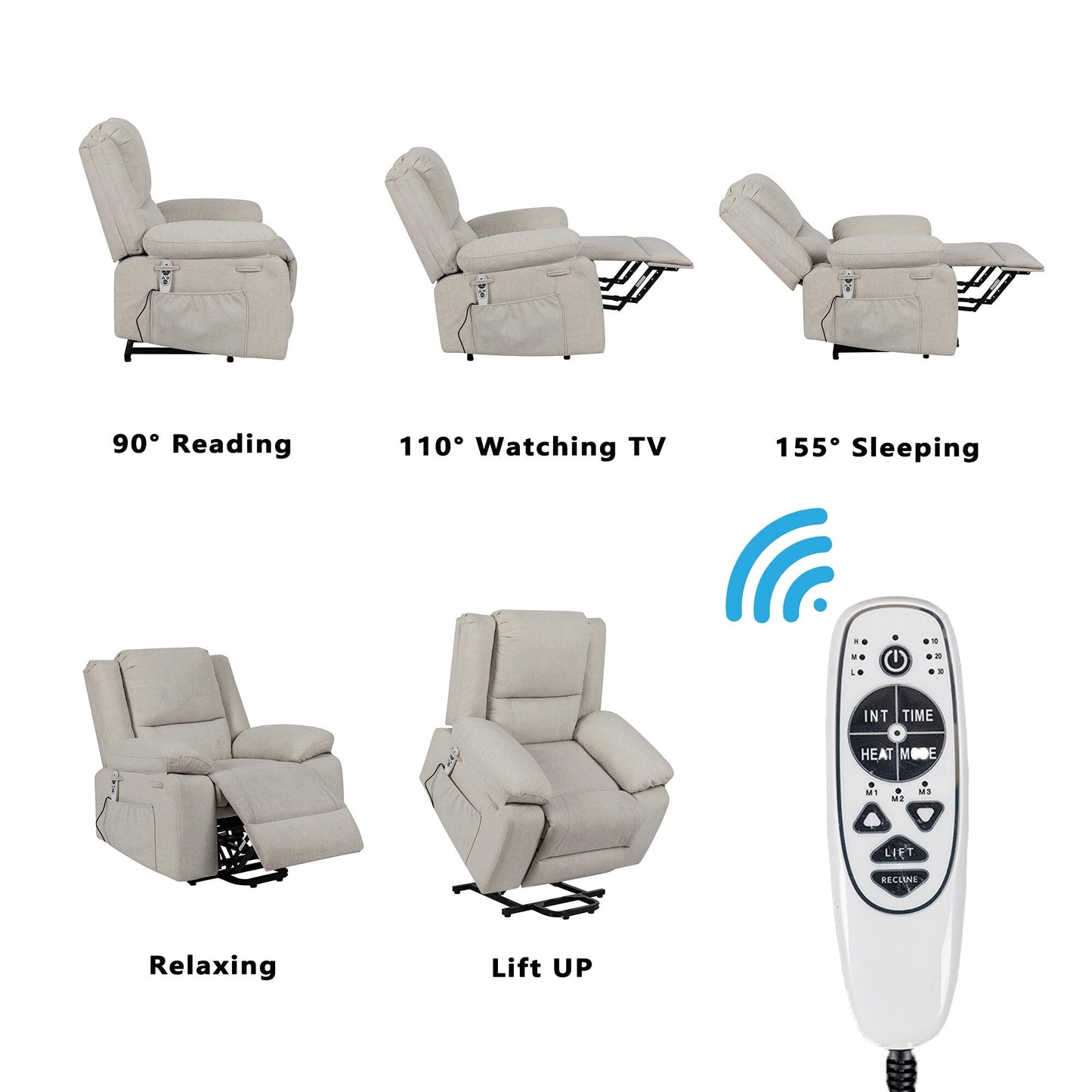 Fauteuil inclinable électrique moderne, canapé chauffant et massant réglable avec rangement latéral, repose-pieds et télécommande