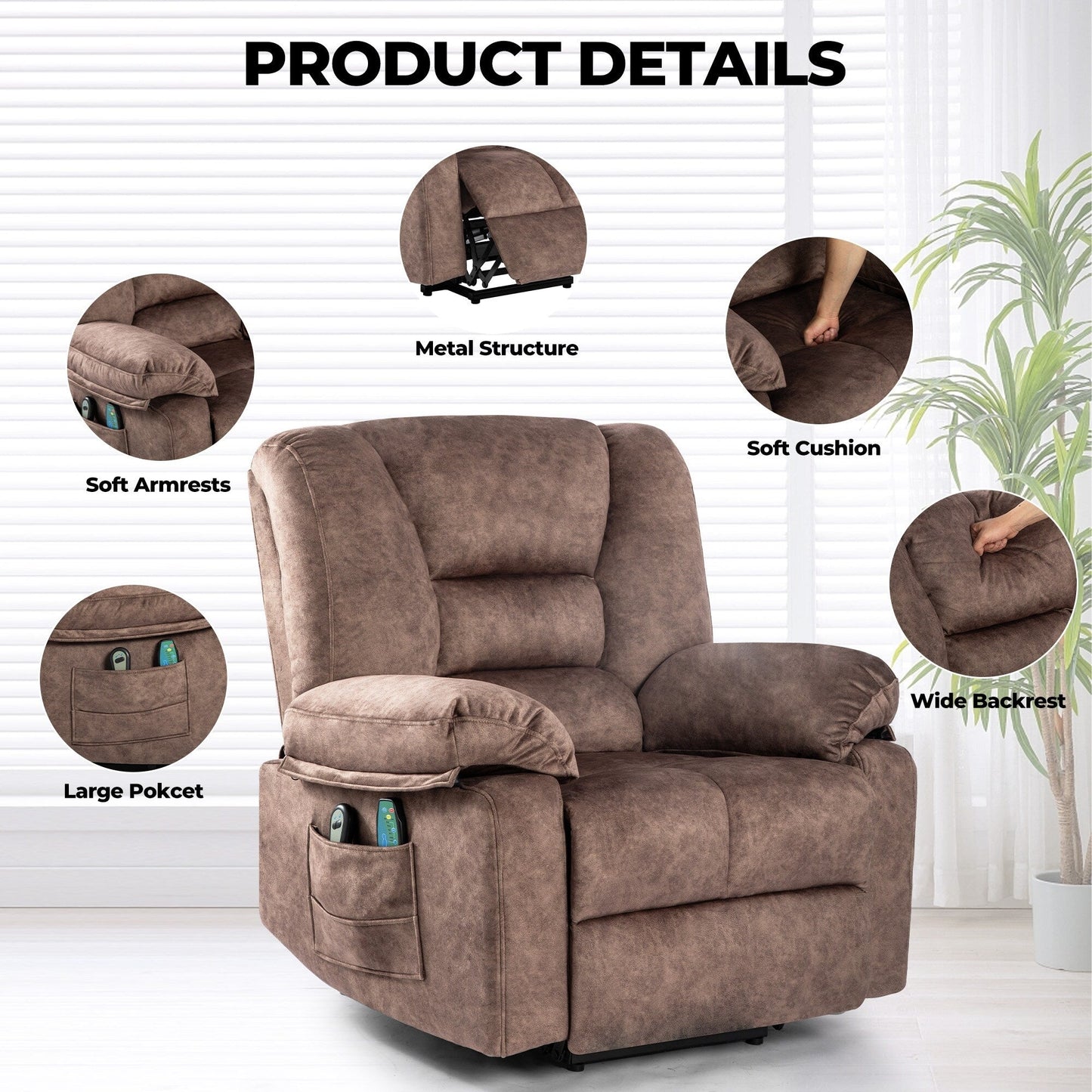 Fauteuil inclinable électrique moderne avec chauffage lombaire et minuterie pour personnes âgées