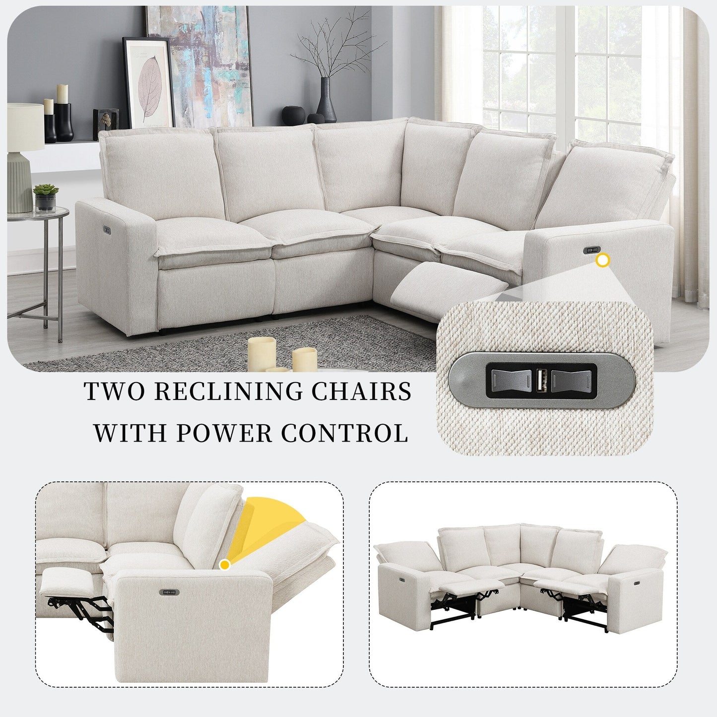 Fauteuil inclinable électrique moderne, canapé moelleux pour home cinéma avec port USB pour salon