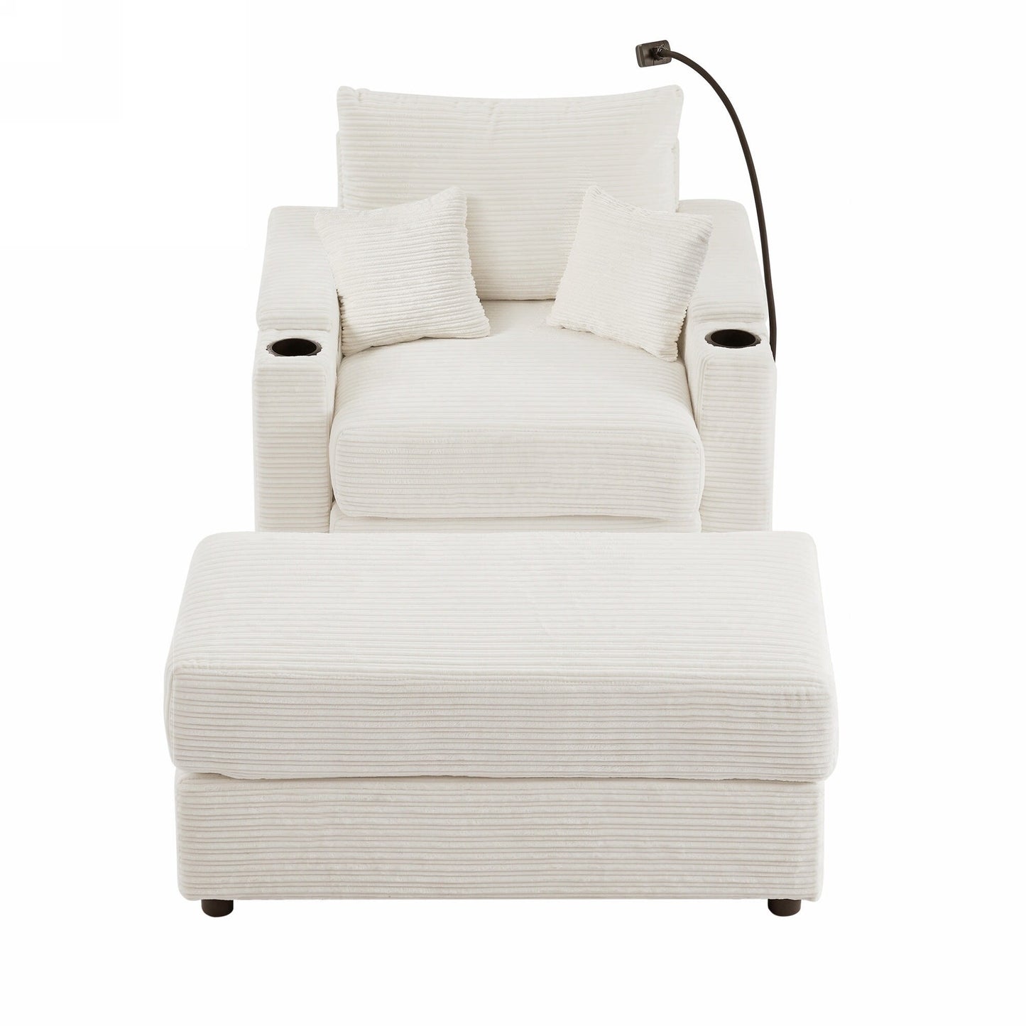 Canapé simple moderne avec pouf amovible, rangement dissimulé, ports USB, porte-gobelets et support de téléphone pour le salon
