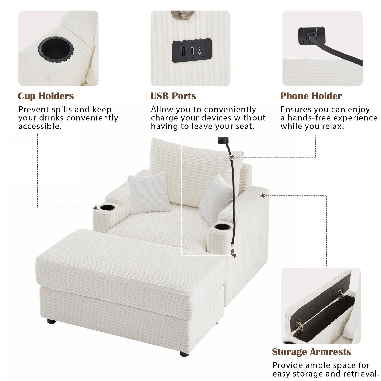 Canapé simple moderne avec pouf amovible, rangement dissimulé, ports USB, porte-gobelets et support de téléphone pour le salon