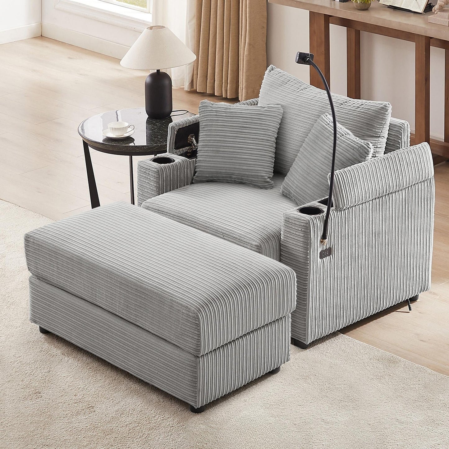 Canapé simple moderne avec pouf amovible, rangement dissimulé, ports USB, porte-gobelets et support de téléphone pour le salon