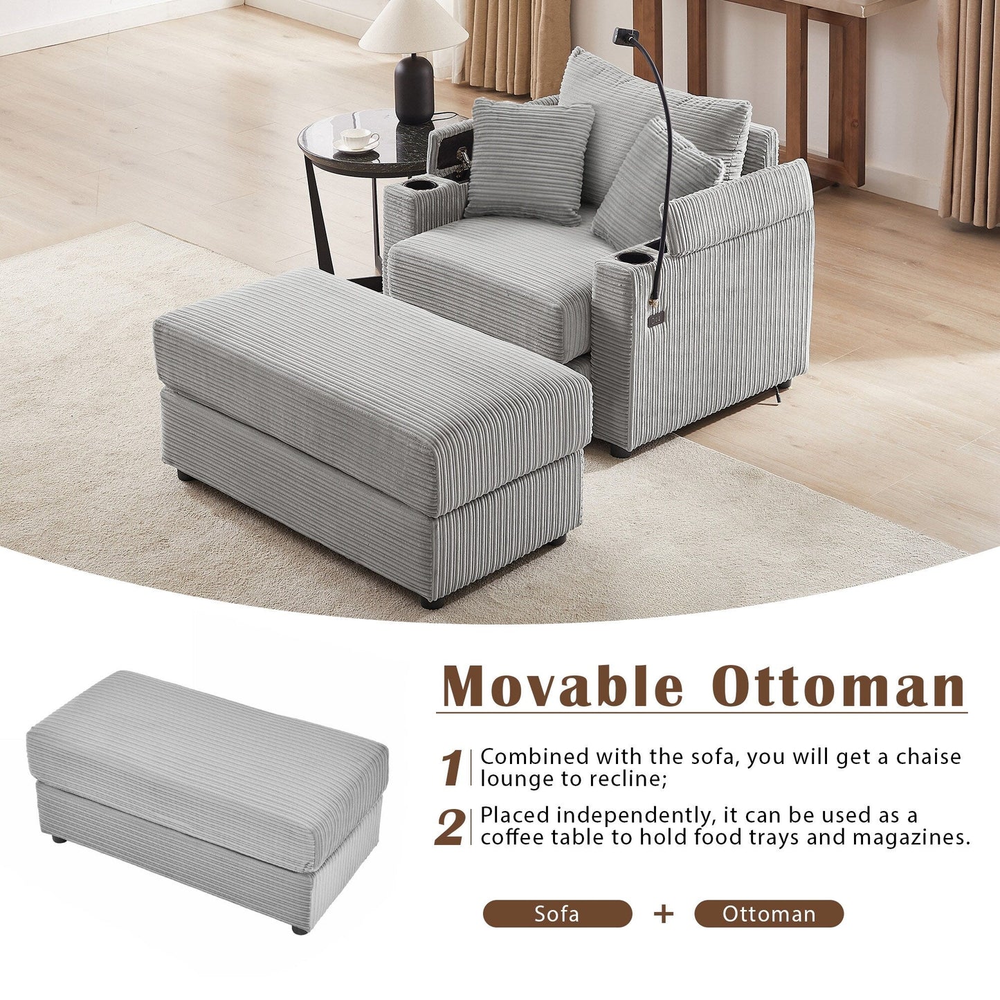 Canapé simple moderne avec pouf amovible, rangement dissimulé, ports USB, porte-gobelets et support de téléphone pour le salon