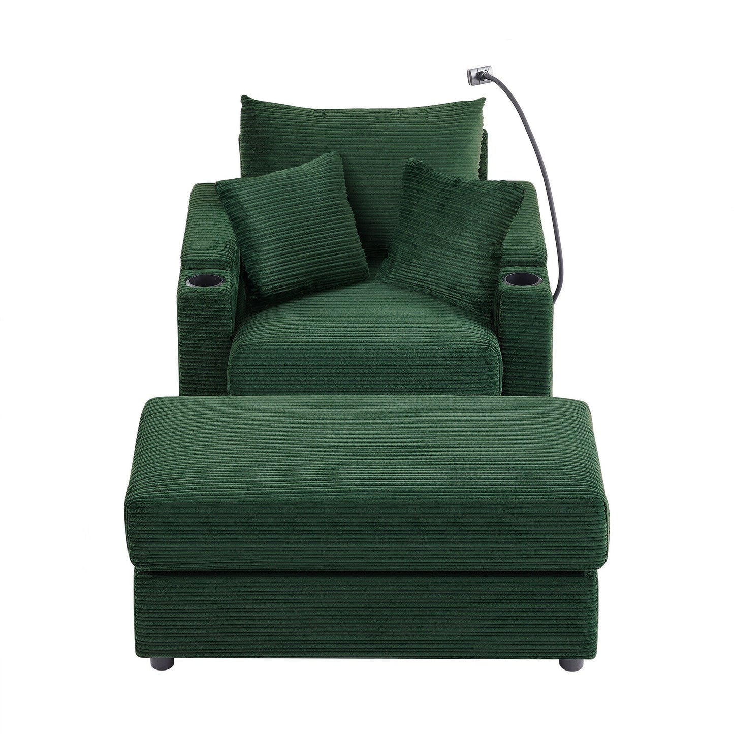 Canapé simple moderne avec pouf amovible, rangement dissimulé, ports USB, porte-gobelets et support de téléphone pour le salon