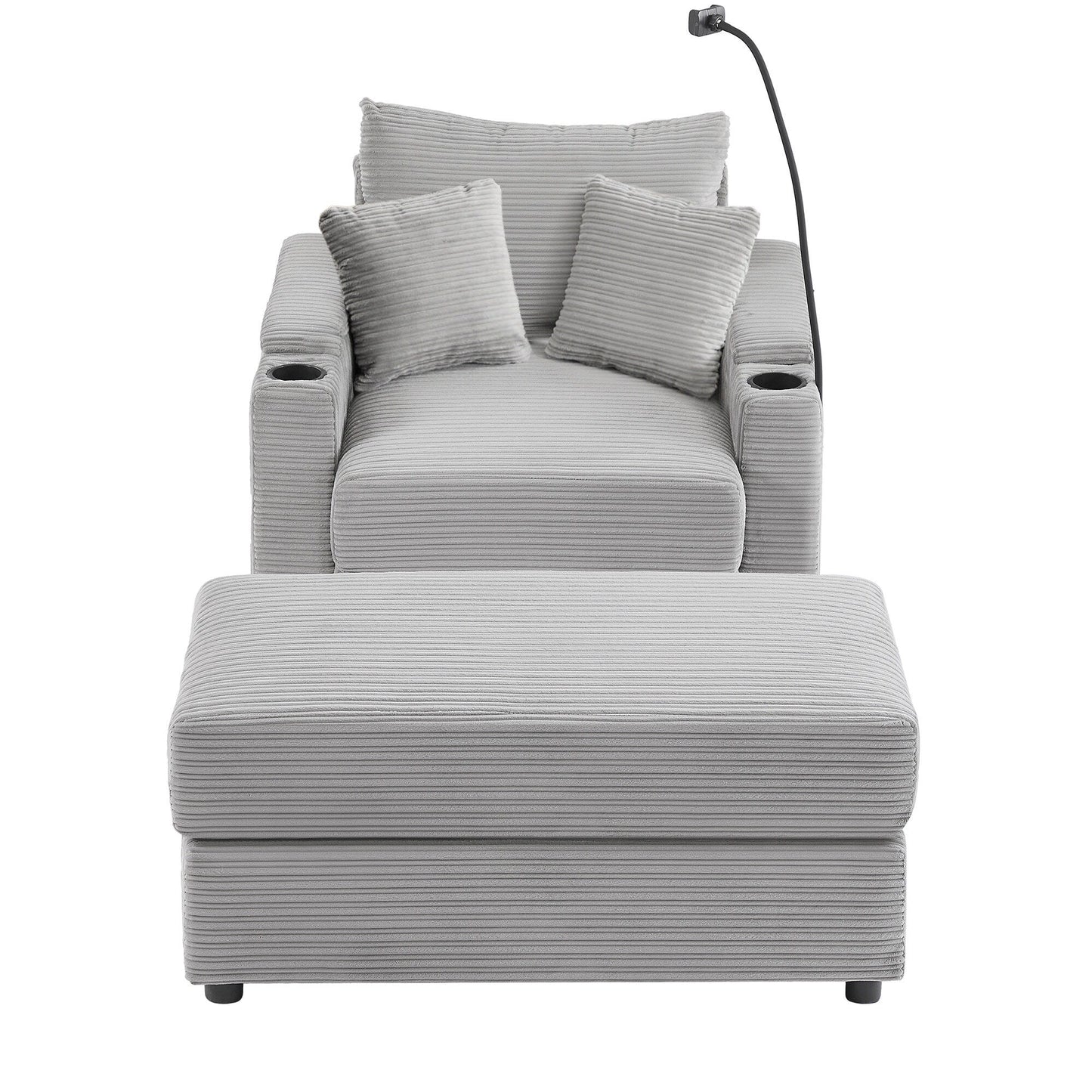 Canapé simple moderne avec pouf amovible, rangement dissimulé, ports USB, porte-gobelets et support de téléphone pour le salon