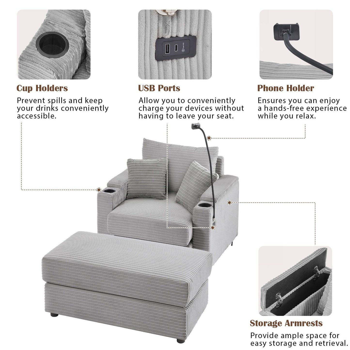Canapé simple moderne avec pouf amovible, rangement dissimulé, ports USB, porte-gobelets et support de téléphone pour le salon
