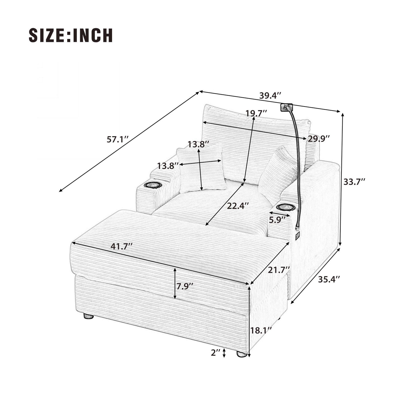 Canapé simple moderne avec pouf amovible, rangement dissimulé, ports USB, porte-gobelets et support de téléphone pour le salon