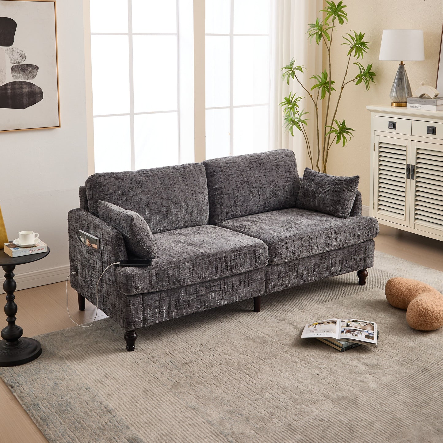 Canapé 2 places en chenille de style moderne avec pieds en bois, éclairage LED, port de chargement USB et sac de rangement, pour salon, chambre, bureau