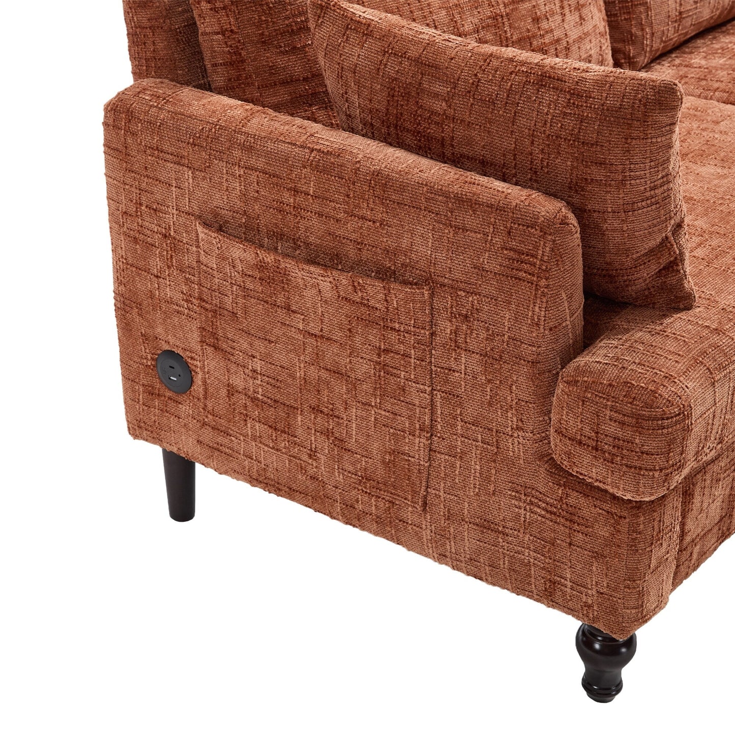 Canapé 2 places en chenille de style moderne avec pieds en bois, éclairage LED, port de chargement USB et sac de rangement, pour salon, chambre, bureau