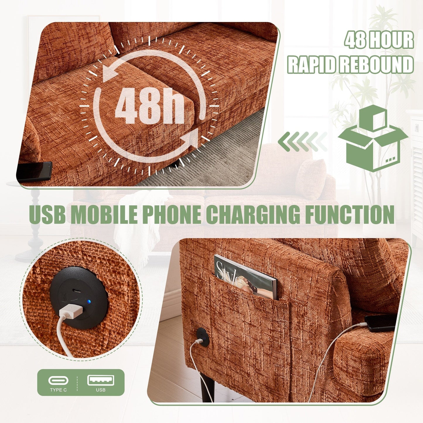 Canapé 2 places en chenille de style moderne avec pieds en bois, éclairage LED, port de chargement USB et sac de rangement, pour salon, chambre, bureau