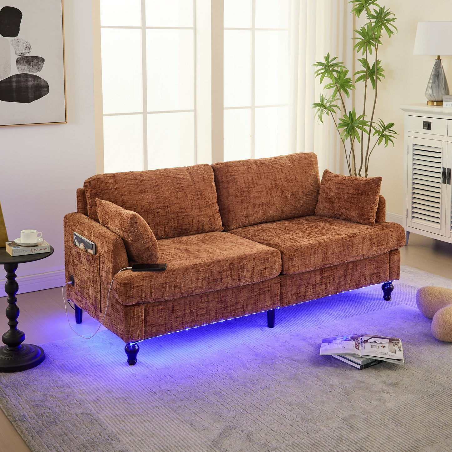 Canapé 2 places en chenille de style moderne avec pieds en bois, éclairage LED, port de chargement USB et sac de rangement, pour salon, chambre, bureau