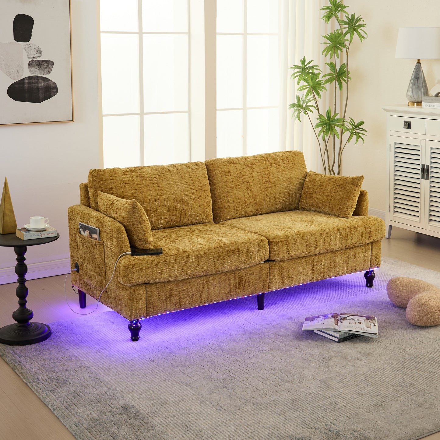 Canapé 2 places en chenille de style moderne avec pieds en bois, éclairage LED, port de chargement USB et sac de rangement, pour salon, chambre, bureau
