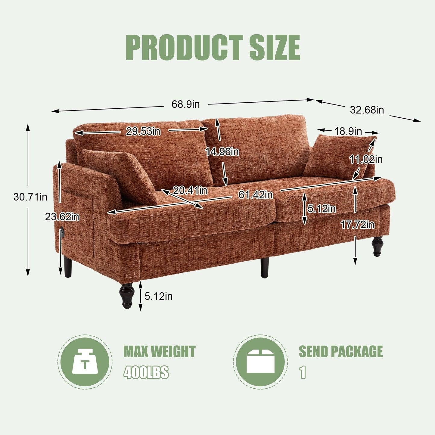 Canapé 2 places en chenille de style moderne avec pieds en bois, éclairage LED, port de chargement USB et sac de rangement, pour salon, chambre, bureau