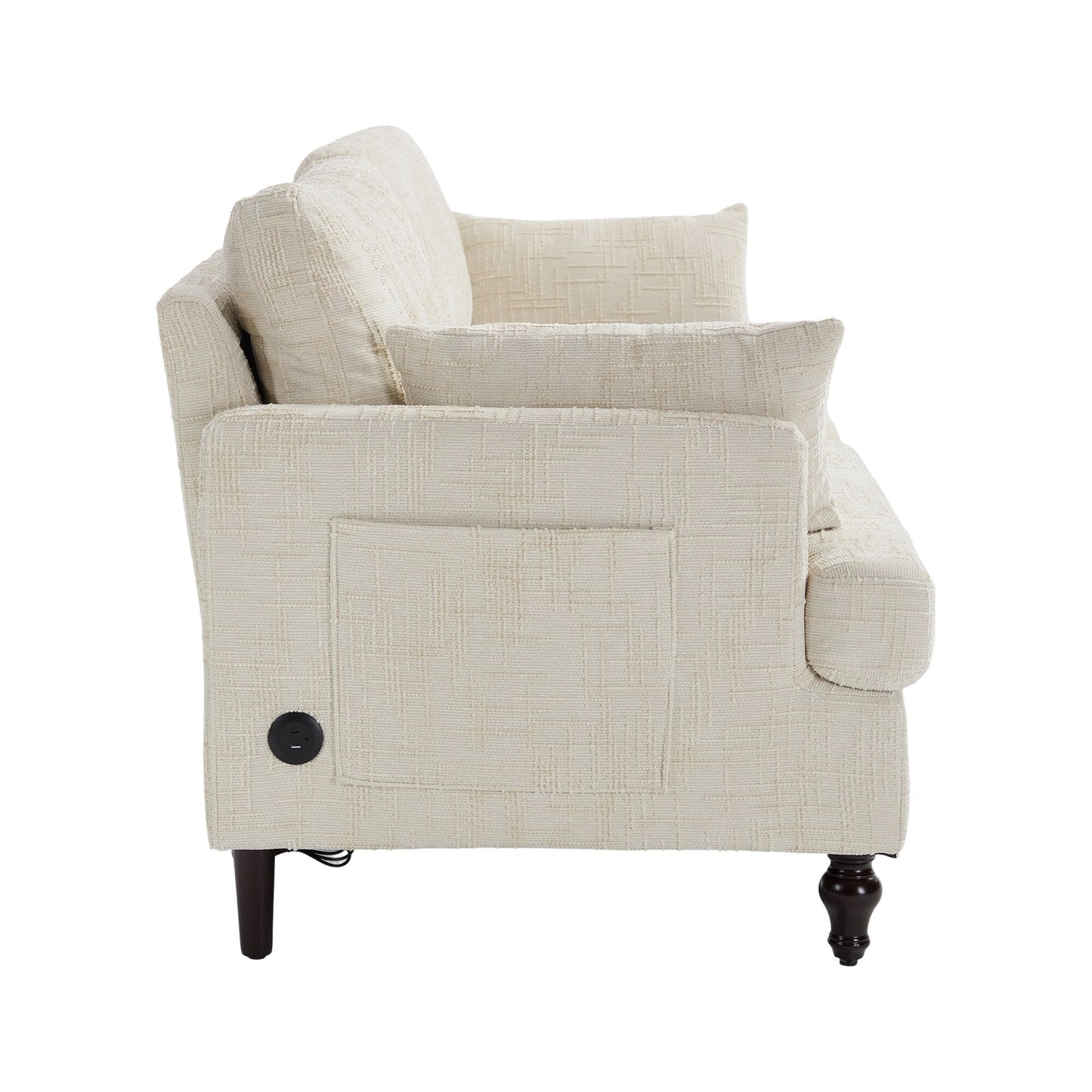 Canapé 2 places en chenille de style moderne avec pieds en bois, éclairage LED, port de chargement USB et sac de rangement, pour salon, chambre, bureau