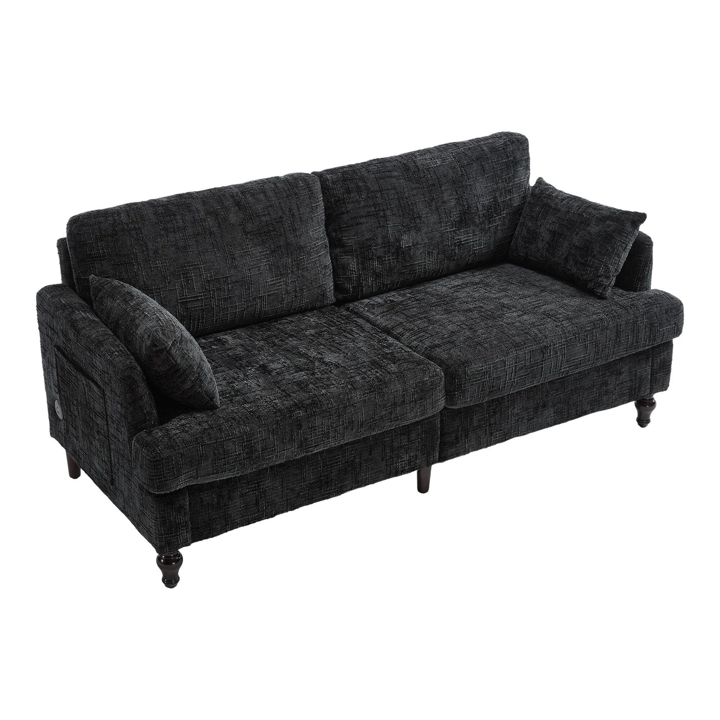 Canapé 2 places en chenille de style moderne avec pieds en bois, éclairage LED, port de chargement USB et sac de rangement, pour salon, chambre, bureau