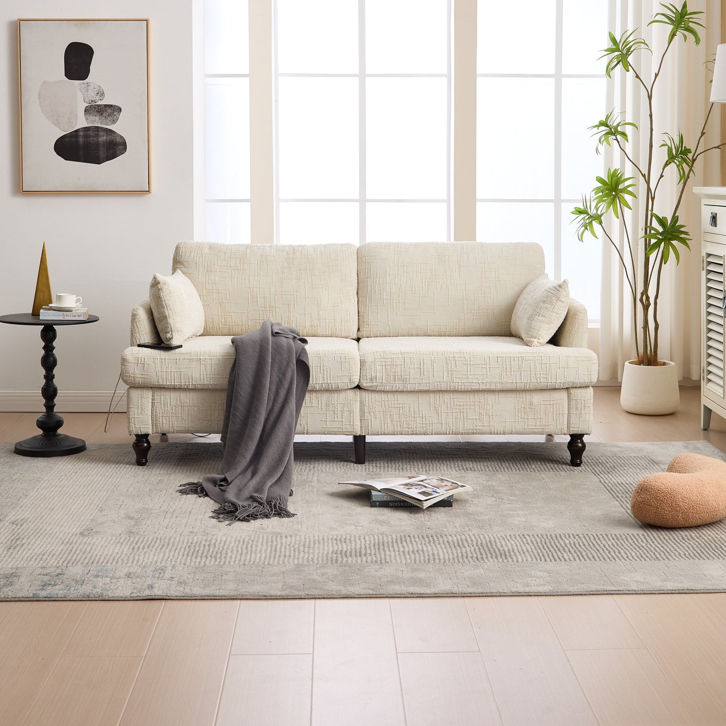Canapé 2 places en chenille de style moderne avec pieds en bois, éclairage LED, port de chargement USB et sac de rangement, pour salon, chambre, bureau