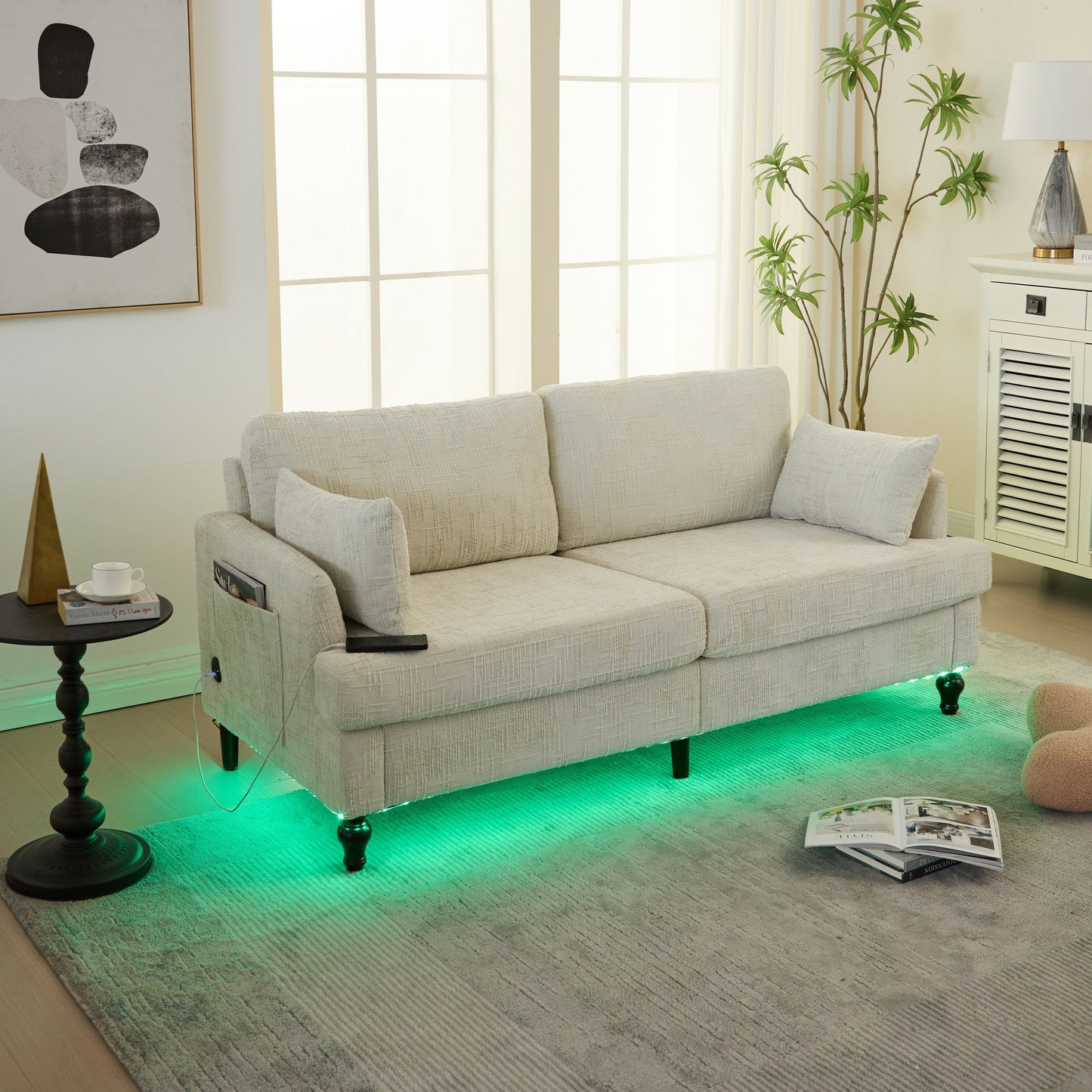 Canapé 2 places en chenille de style moderne avec pieds en bois, éclairage LED, port de chargement USB et sac de rangement, pour salon, chambre, bureau