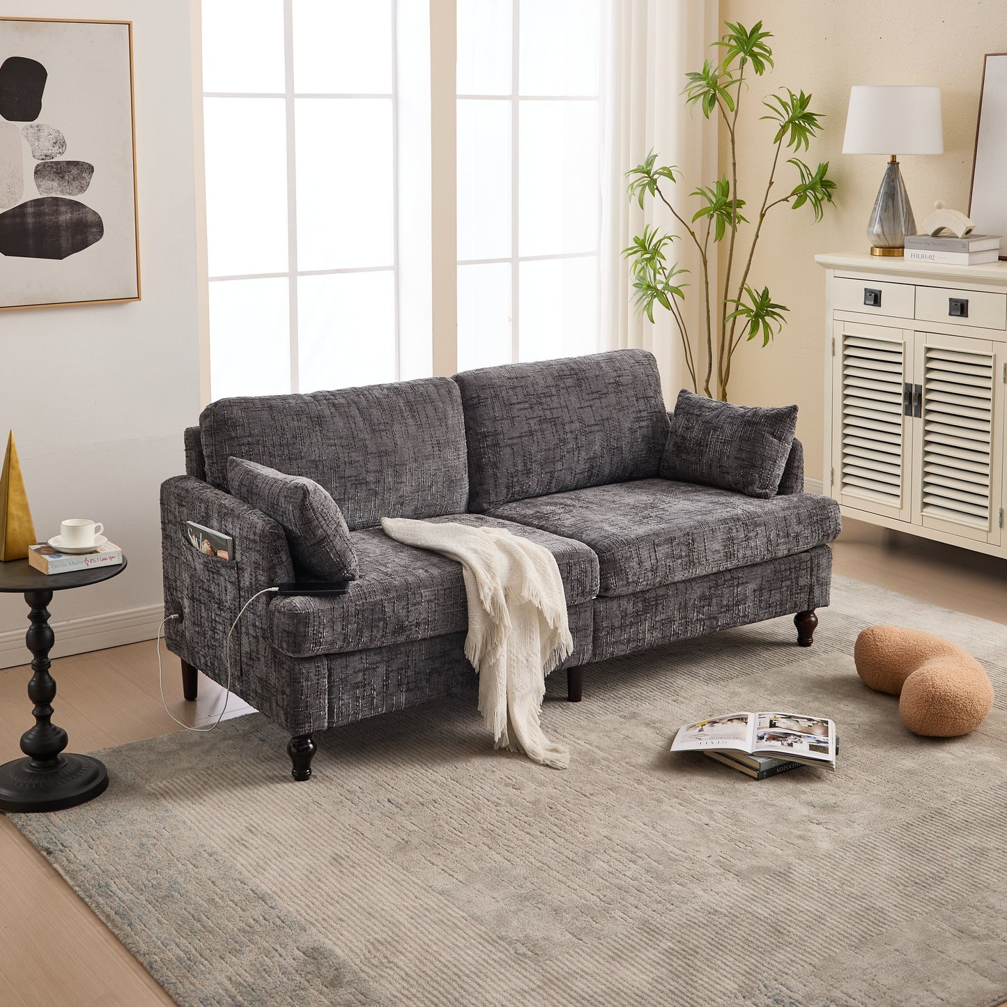 Canapé 2 places en chenille de style moderne avec pieds en bois, éclairage LED, port de chargement USB et sac de rangement, pour salon, chambre, bureau