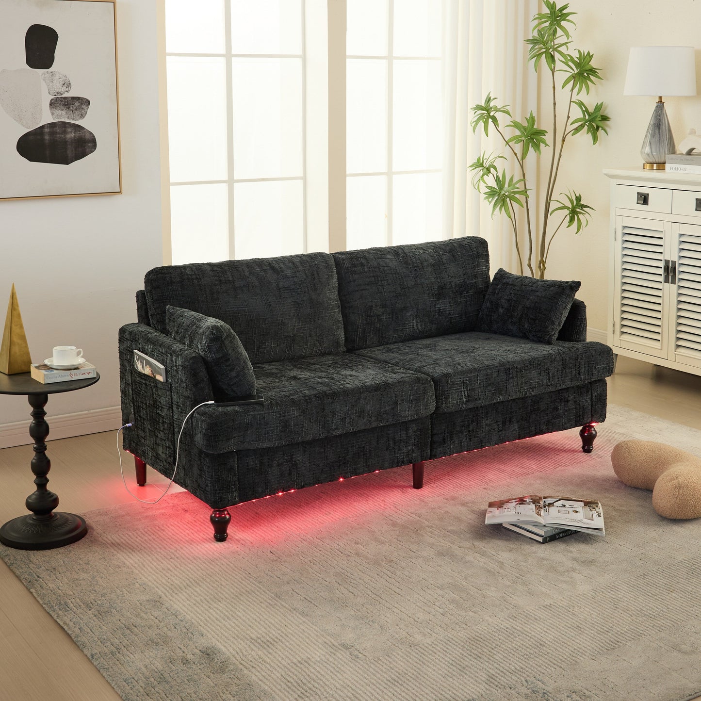 Canapé 2 places en chenille de style moderne avec pieds en bois, éclairage LED, port de chargement USB et sac de rangement, pour salon, chambre, bureau