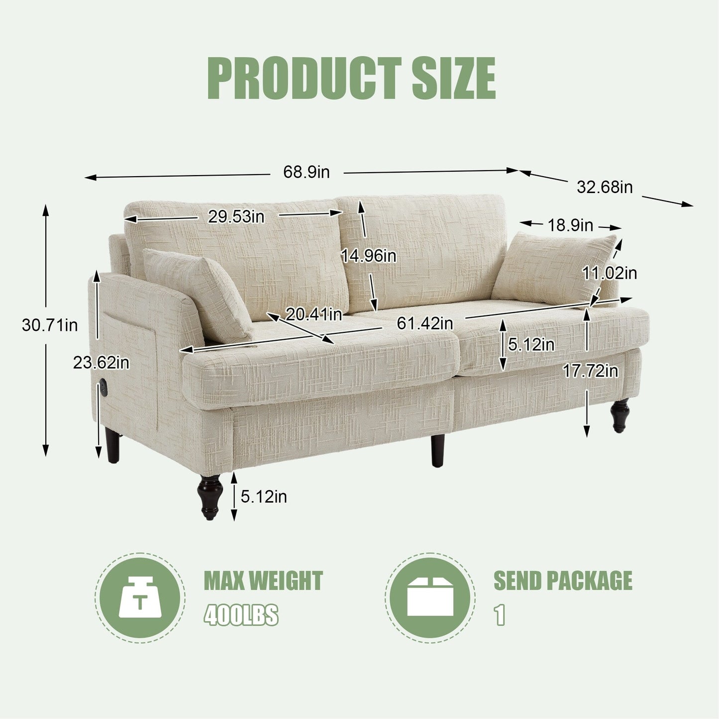 Canapé 2 places en chenille de style moderne avec pieds en bois, éclairage LED, port de chargement USB et sac de rangement, pour salon, chambre, bureau
