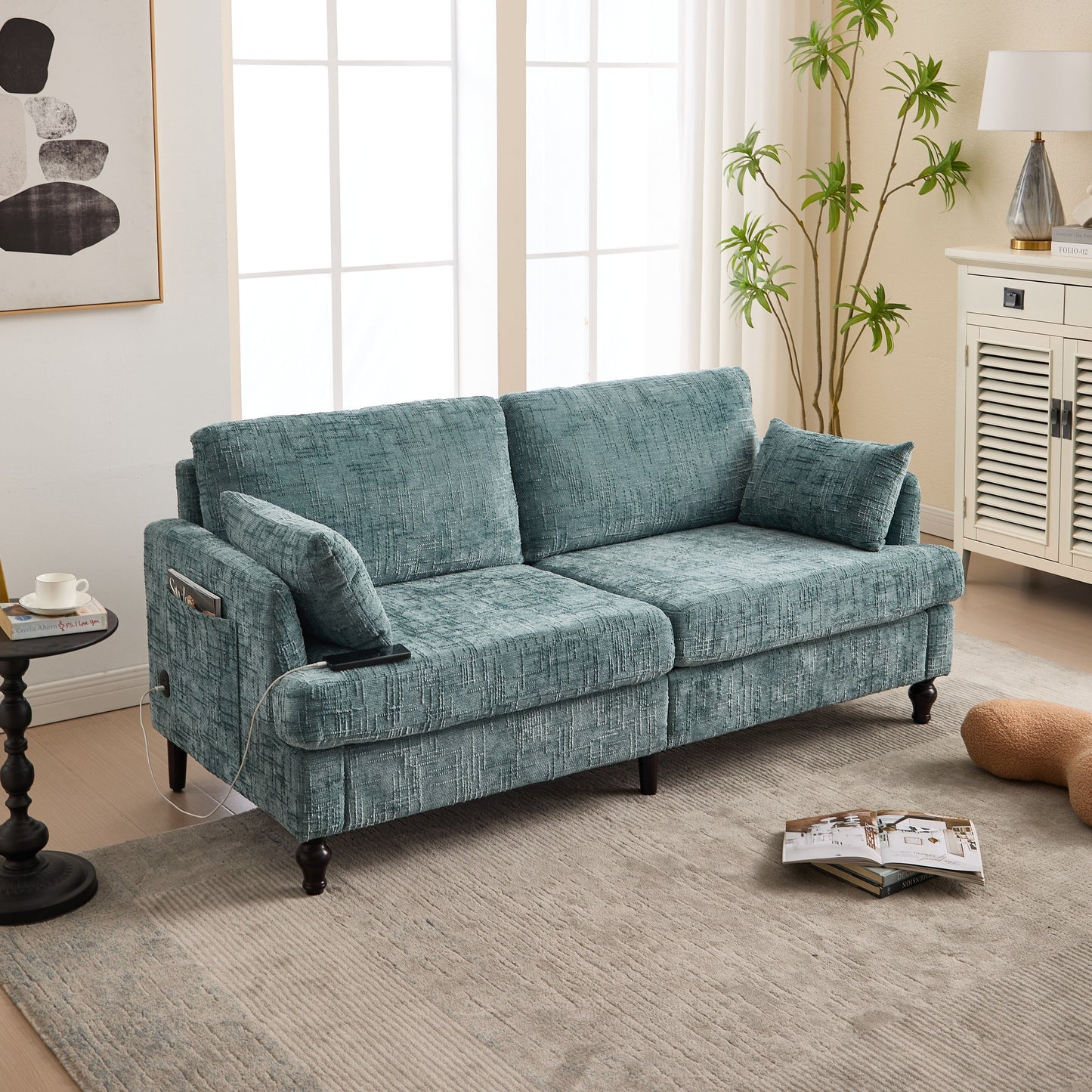 Canapé 2 places en chenille de style moderne avec pieds en bois, éclairage LED, port de chargement USB et sac de rangement, pour salon, chambre, bureau