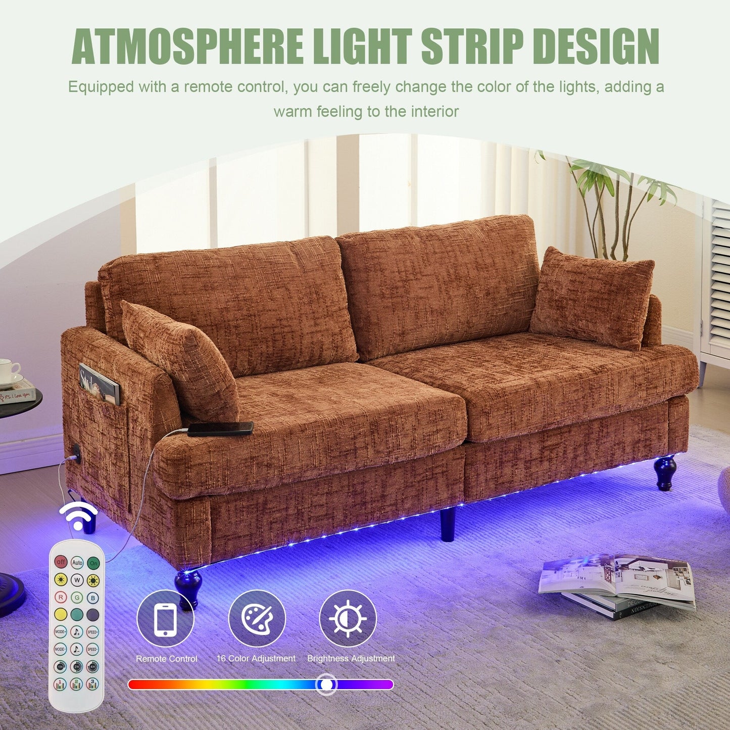Canapé 2 places en chenille de style moderne avec pieds en bois, éclairage LED, port de chargement USB et sac de rangement, pour salon, chambre, bureau