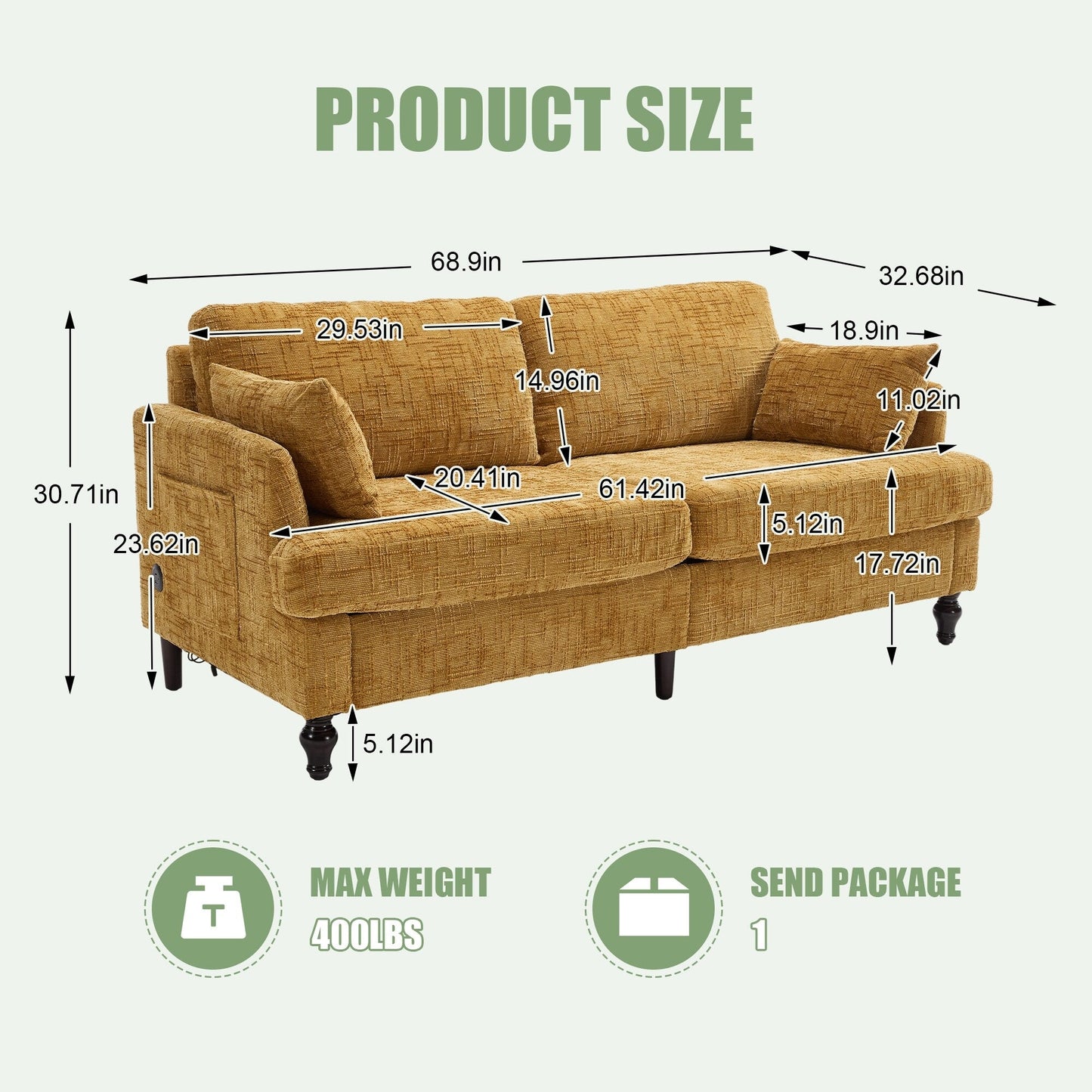 Canapé 2 places en chenille de style moderne avec pieds en bois, éclairage LED, port de chargement USB et sac de rangement, pour salon, chambre, bureau