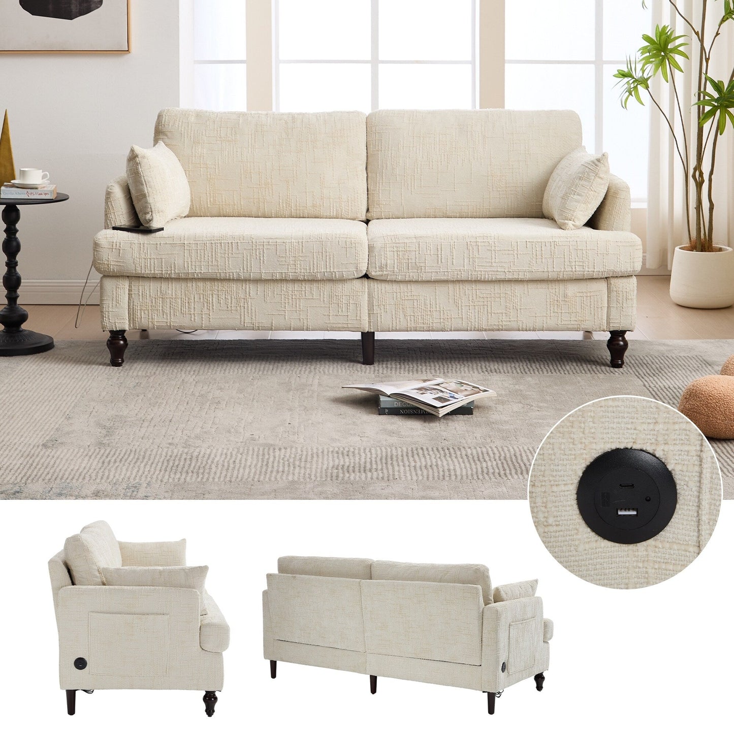 Canapé 2 places en chenille de style moderne avec pieds en bois, éclairage LED, port de chargement USB et sac de rangement, pour salon, chambre, bureau
