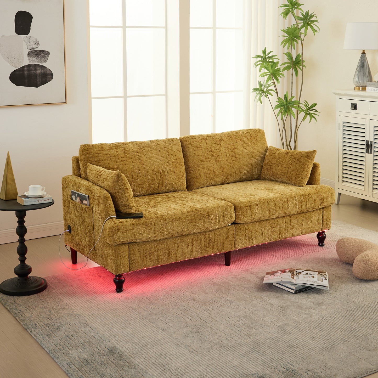 Canapé 2 places en chenille de style moderne avec pieds en bois, éclairage LED, port de chargement USB et sac de rangement, pour salon, chambre, bureau
