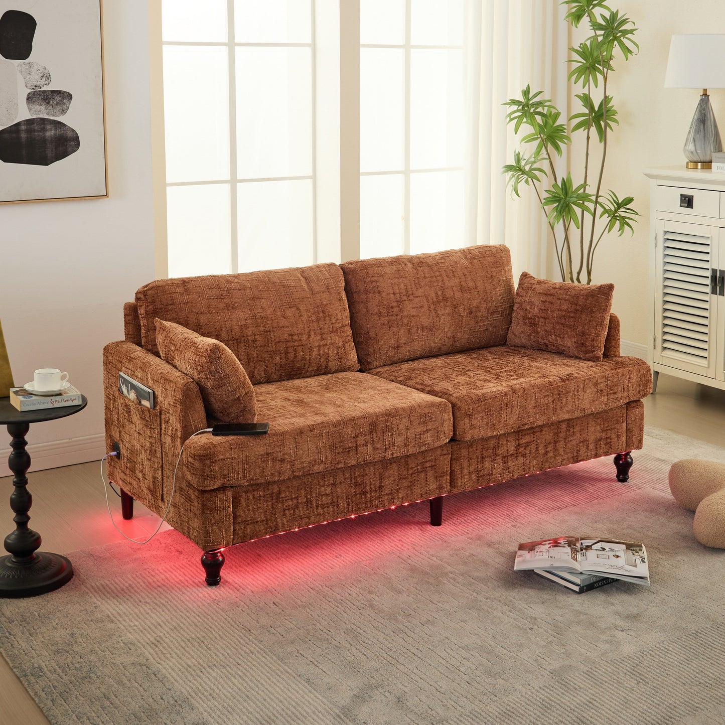 Canapé 2 places en chenille de style moderne avec pieds en bois, éclairage LED, port de chargement USB et sac de rangement, pour salon, chambre, bureau