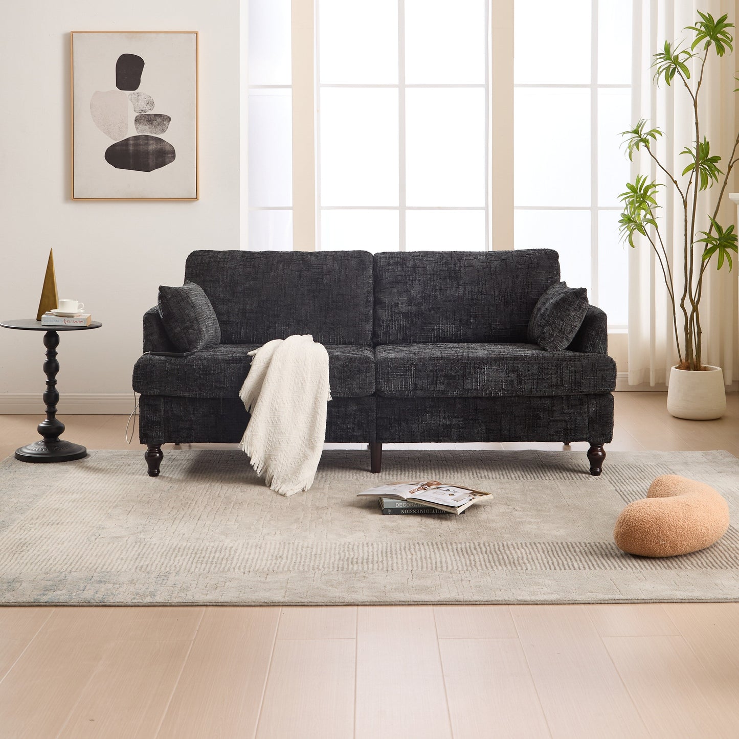 Canapé 2 places en chenille de style moderne avec pieds en bois, éclairage LED, port de chargement USB et sac de rangement, pour salon, chambre, bureau