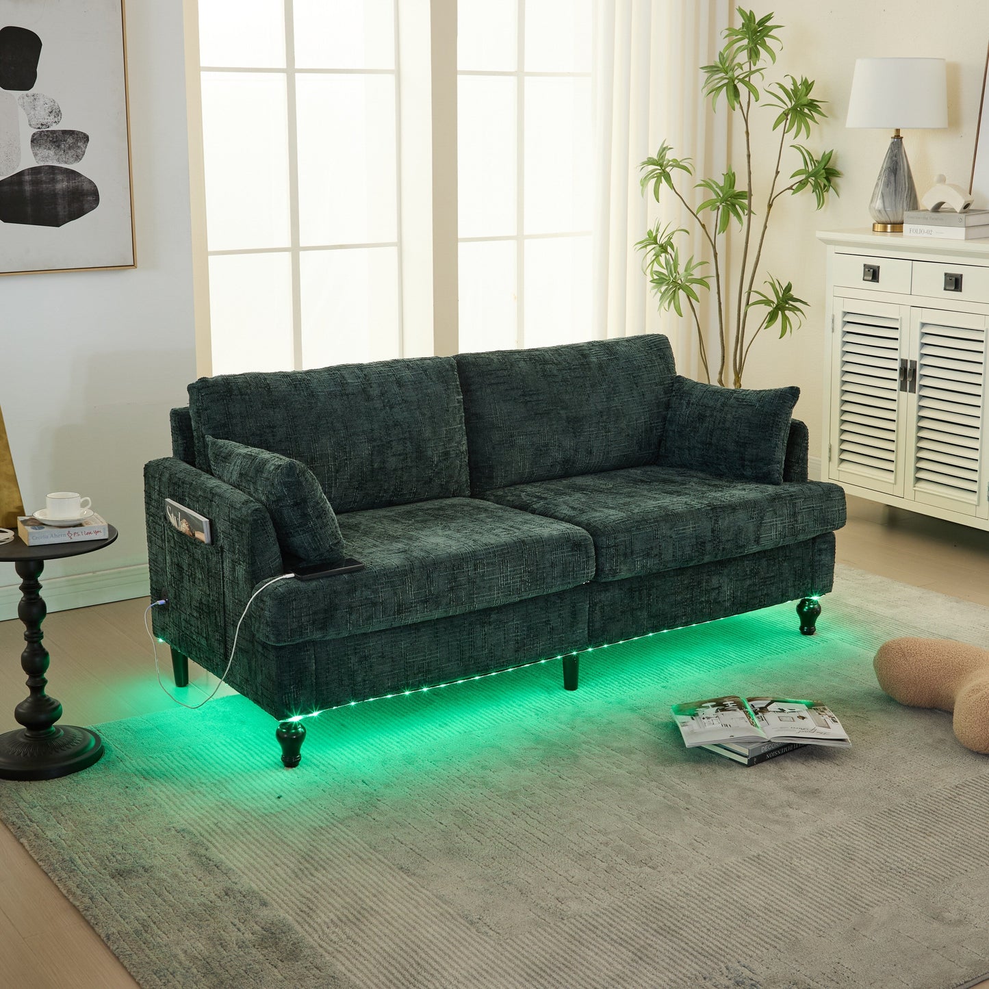 Canapé 2 places en chenille de style moderne avec pieds en bois, éclairage LED, port de chargement USB et sac de rangement, pour salon, chambre, bureau