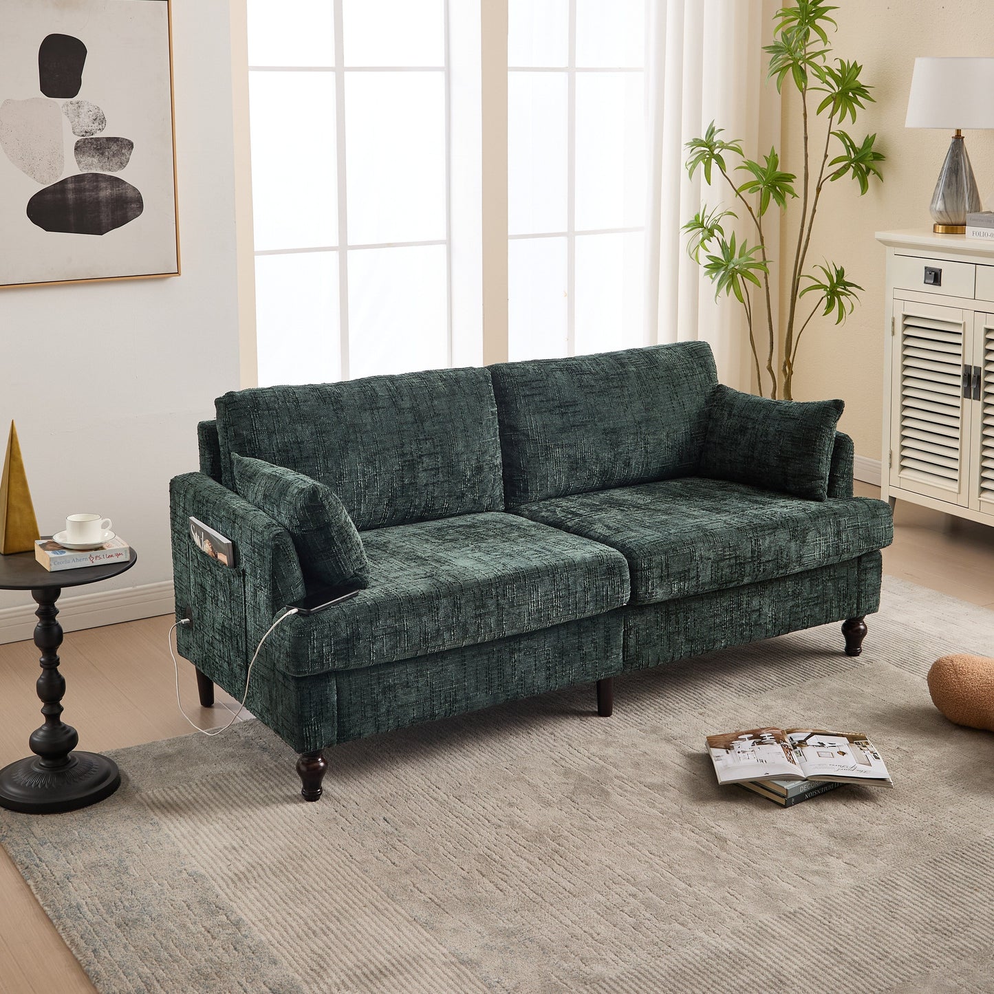 Canapé 2 places en chenille de style moderne avec pieds en bois, éclairage LED, port de chargement USB et sac de rangement, pour salon, chambre, bureau